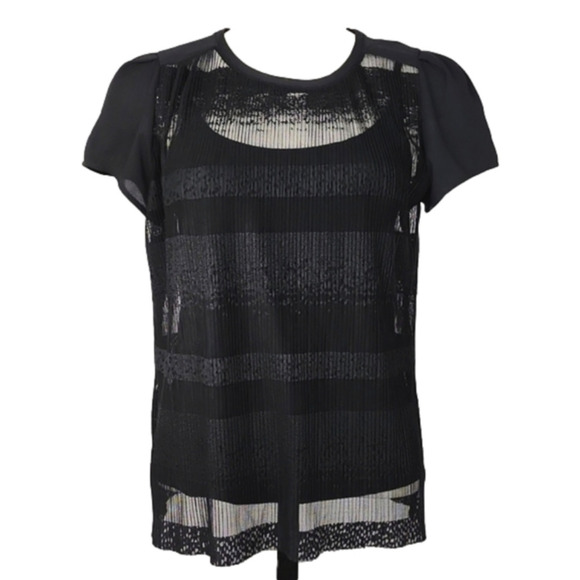 RW&CO Women's Black Sheer Lace Top Subtle Stripes Capped Short Sleeves Sz Small - Picture 1 of 16
